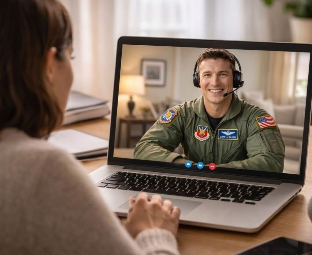 Woman on a web call with a Military Pilot